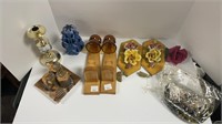 Candle holders, (2) wooden with glass holders,