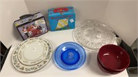 Assorted glass dishes, (2) metal lunch boxes