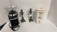 Metal candle holders, wooden nutcracker, coffee