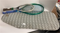 Small ironing board, (2) tennis rackets