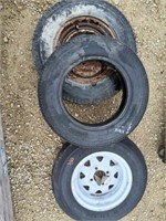 3 trailer tires, 2 w/rims, 5.30-12 & 4.80-12