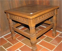 Carved Square Oak Leather Top Corner Table