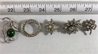 Brooch Pin Lot Clear with green stone & rhinestons