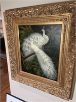 Oil on canvas painting, peacocks, in ornate frame