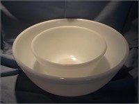 2 White glass mixing bowls 10.5" and 7" dia both