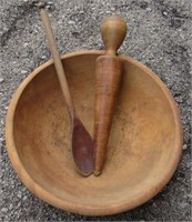 Primitive Wood Bowl & Untensils Masher Spoon OLD