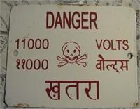 Porcelain DANGER Sign 1100 Volts India OLD