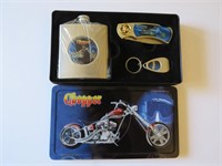 Motorcycle Chopper Knife Flask Keychain w Tin