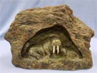 Soapstone carving of 2 walruses, with walrus ivory