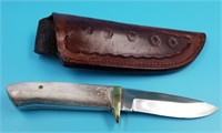 Fixed bladed knife with moose antler handle and le