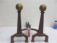 Arts & Crafts andirons, brass tops,hammered finish