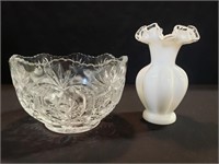 Pressed Glass Bowl & Fenton Vase