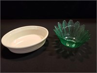 Roseville Spongeware & Green Glass Bowl