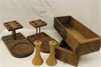 FLAT BOX OF WOODEN PIPE STANDS, DRAWERS & DECOR