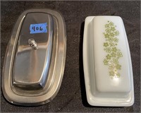 two buttr dishes - Pyrex and silver plate