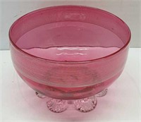 Cranberry Glass Bowl Rigaree Base With Thrraded