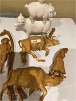 Group: Wood Carved Oxen and Farmers