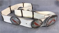 Zuni Sterling Buckle & Discs on White Leather Belt