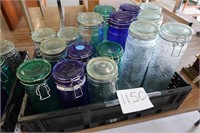 BOX OF COLORED GLASS LID, GLASS JARS