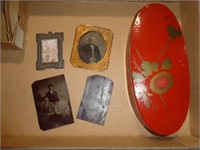4 tin Type Pictures & Oval Box