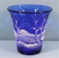 Fenton Decorated Cobalt Glass Vase