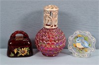 Fenton Oil Lamp, Box + Ornament