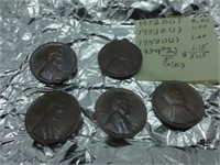 '52 D,'53 D, '58 D wheat pennies & (2) '59 Lincoln