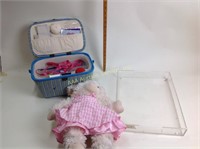 Build-a-bear stuffed animal, sewing basket with