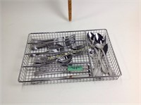 Flat of stainless steel silverware and tray