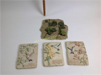 Hummingbird plaques (3) and frog plaque
