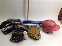 Baseball mitts and helmets and bats