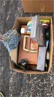 Box full of bait and tackle (fishing net, lures,