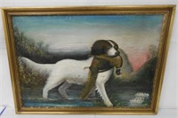 Oil Painting Dog w/ Pheasant Unsigned