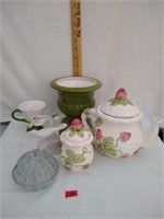 Decorative tea pot, sugar, glass frog, planter