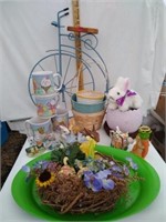 Easter/spring decor, wire unicycle, mugs as shown