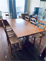 pine table with 6 rush seat chairs w/ 6 drawers
