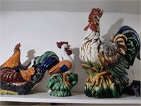 3 LARGE CERAMIC ROOSTERS & CHICKENS