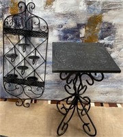 11 - WIRE 6-PILLAR CANDLE SCONCE; ACCENT TABLE