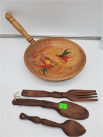 WOODEN PAN AND UTENISILS