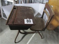 Old Metal & Wood Flip Top School Desk with