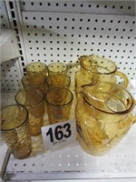 (2) Amber Glass Pitchers with (7) Glasses