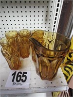 Amber Glass Pitcher with (7) Glasses