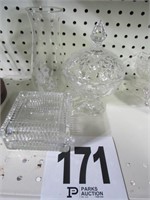 (2) Lidded Glass Dishes & Etched Vase