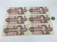 6 billets de 2$ du Canada, 1986