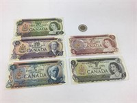 5 billets du Canada, 1969 à 1974 différentes -