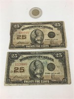 2 billets de 25¢ Dominion of Canada, 1923 -