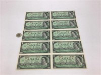 10 billets de 1$ du Canada, 1967 NON-circulés