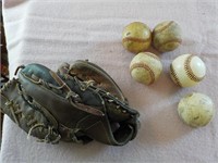 Vintage ball glove and balls plus major league