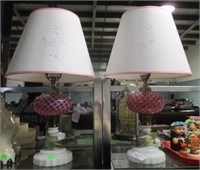 2 HOBNAIL PINK LAMPS 20" WITH SHADE