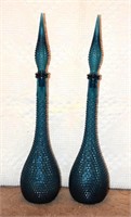 2 Mid-Century Blue Glass Decanters 22" tall